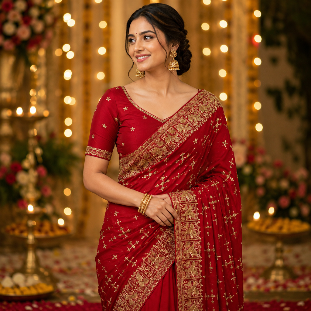 RED GEORGETTE SAREE WITH GOLD ZARI+ SEQUIN EMBROIDERY