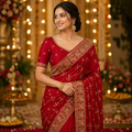 RED GEORGETTE SAREE WITH GOLD ZARI+ SEQUIN EMBROIDERY