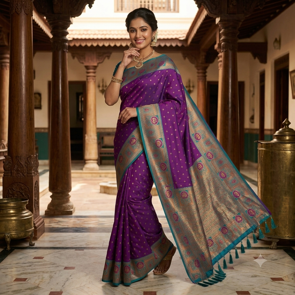 ROYAL PURPLE BANARASI SILK SAREE WITH TEAL+ GOLD ZARI BORDER