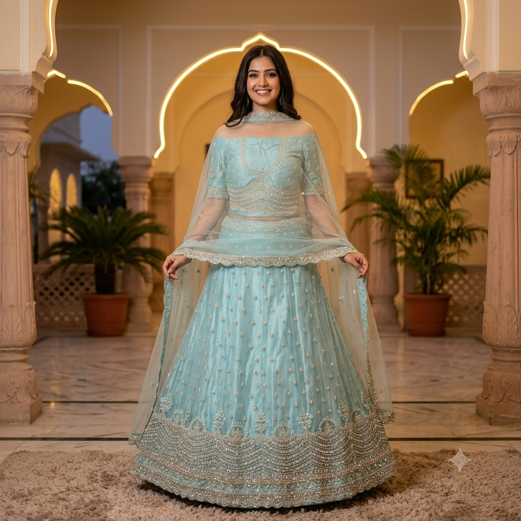 ICE BLUE LEHENGA WITH SILVER ZARDOZI WORK