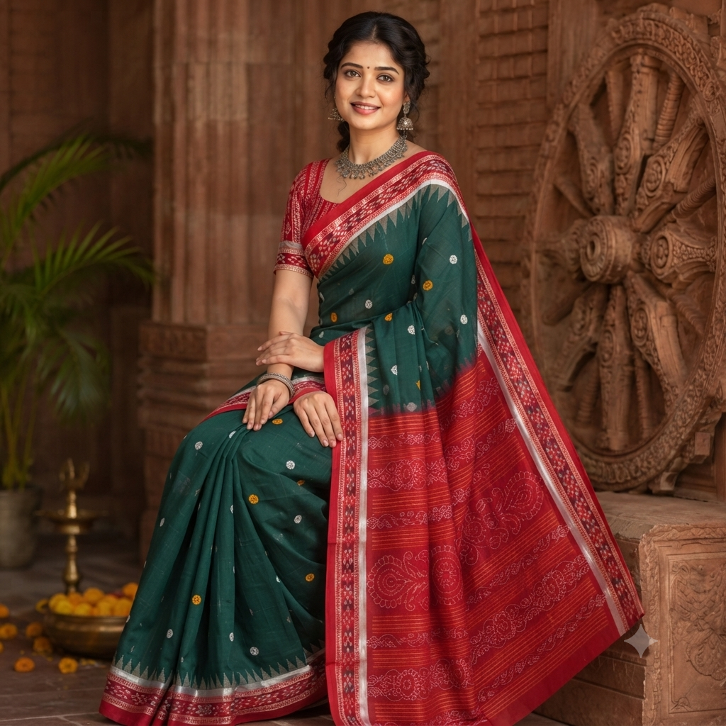 BOTTLE GREEN SAMBALPURI HANDLOOM COTTON SAREE