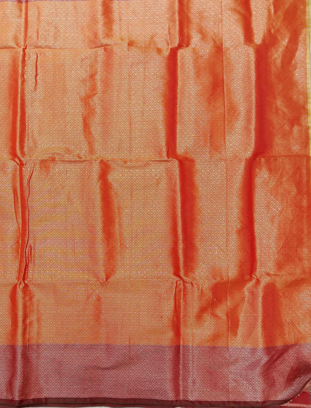 TANGERINE ORANGE BANARASI SILK SAREE WITH MAROON PAISLEY BORDER