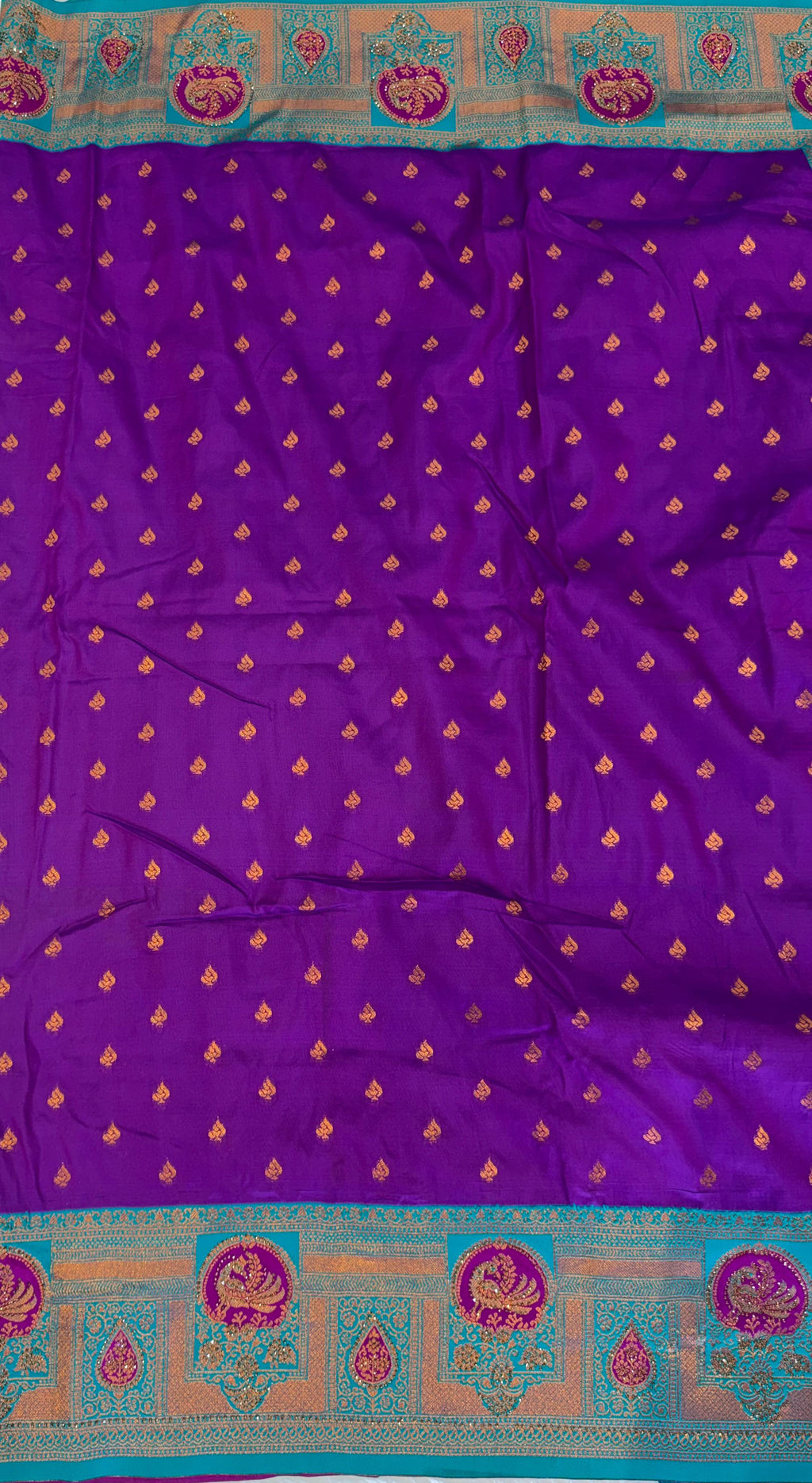 ROYAL PURPLE BANARASI SILK SAREE WITH TEAL+ GOLD ZARI BORDER