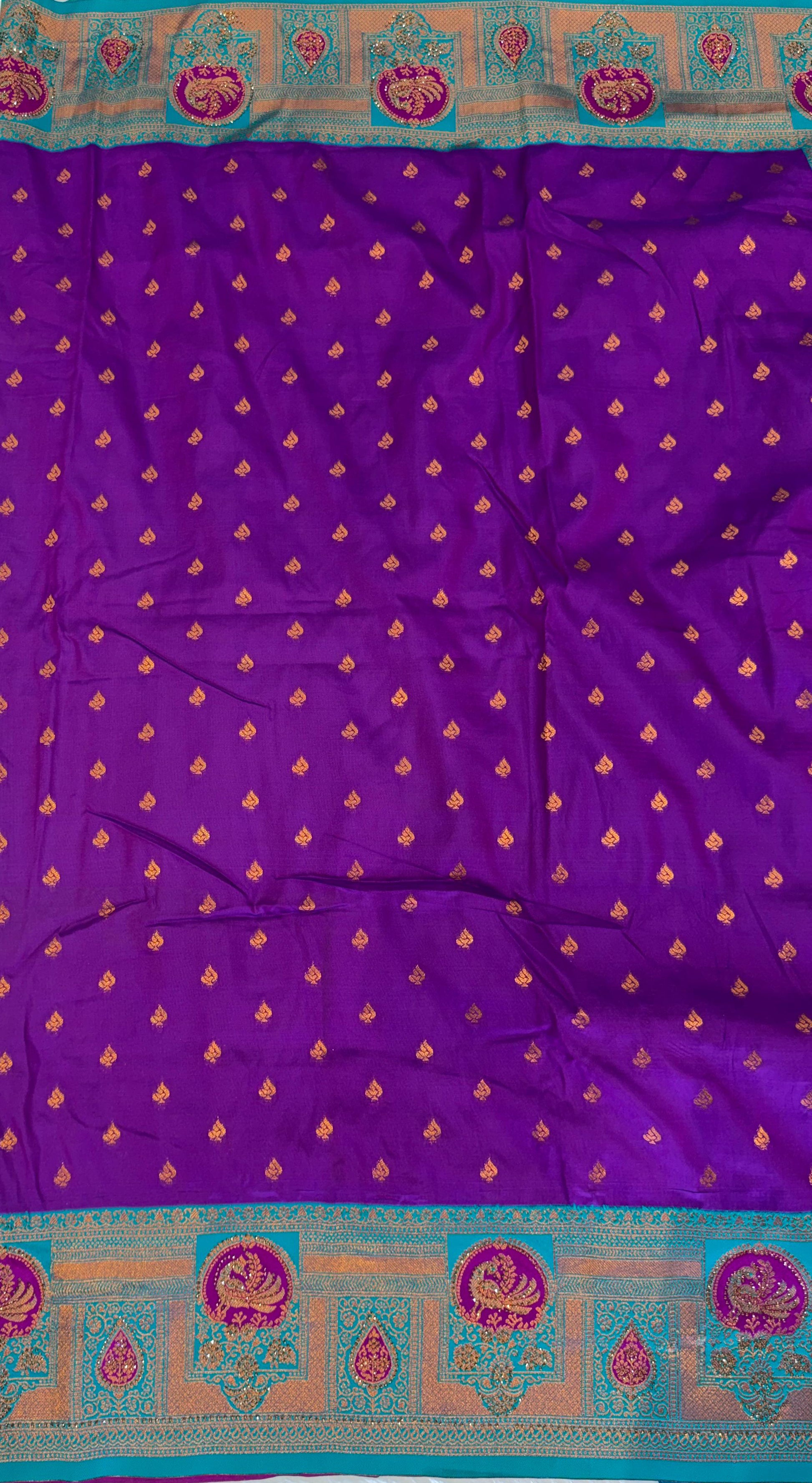 ROYAL PURPLE BANARASI SILK SAREE WITH TEAL+ GOLD ZARI BORDER