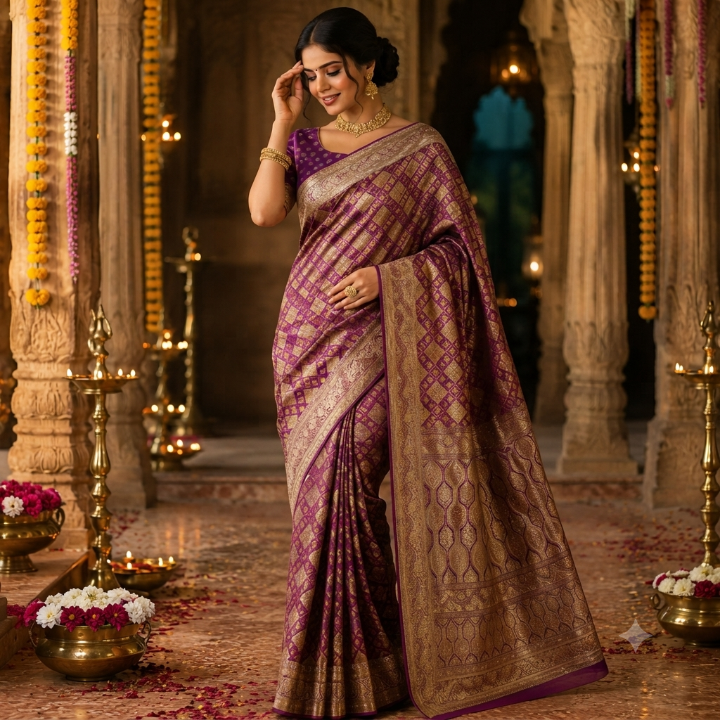 WINE ANTIQUE GOLD BANARASI SILK SAREE