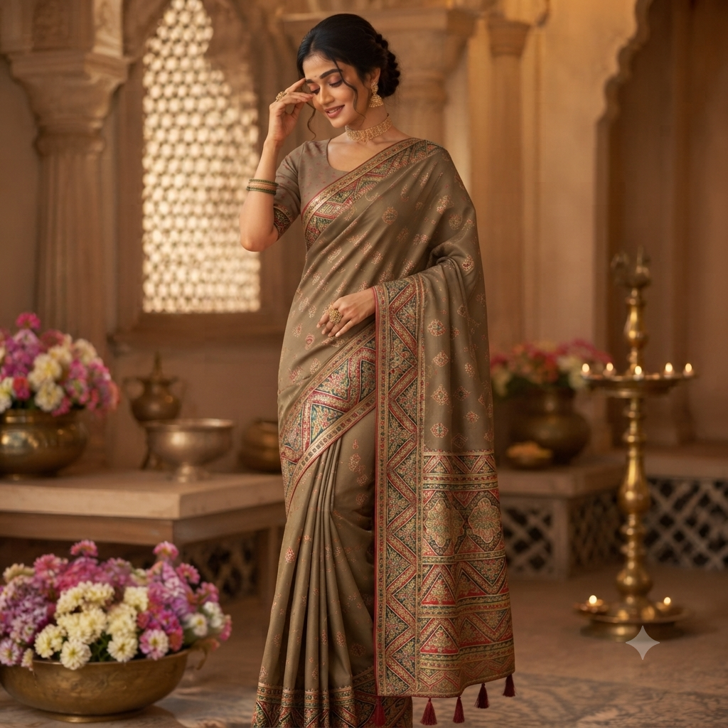 TAUPE MULTICOLOUR BANARASI SILK SAREE