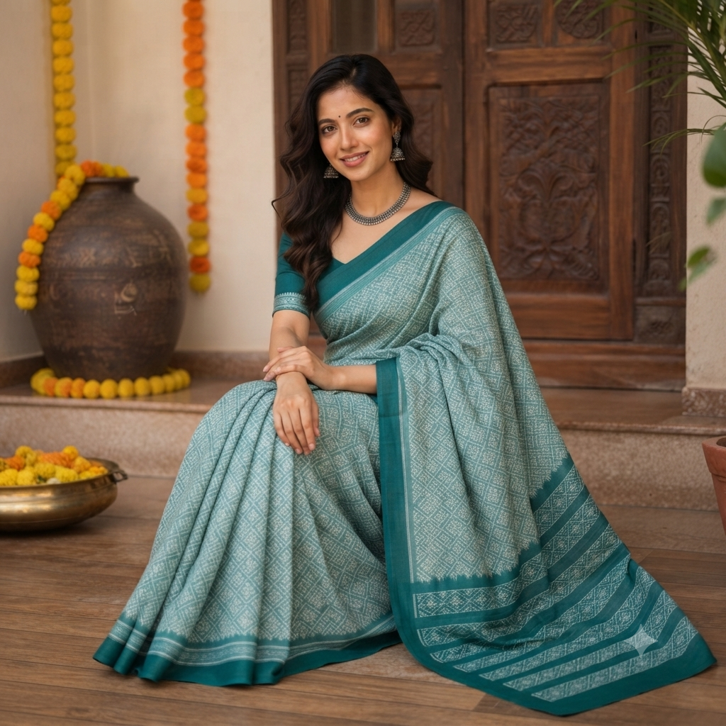 AQUA BLUE SAMBALPURI HANDLOOM COTTON SAREE