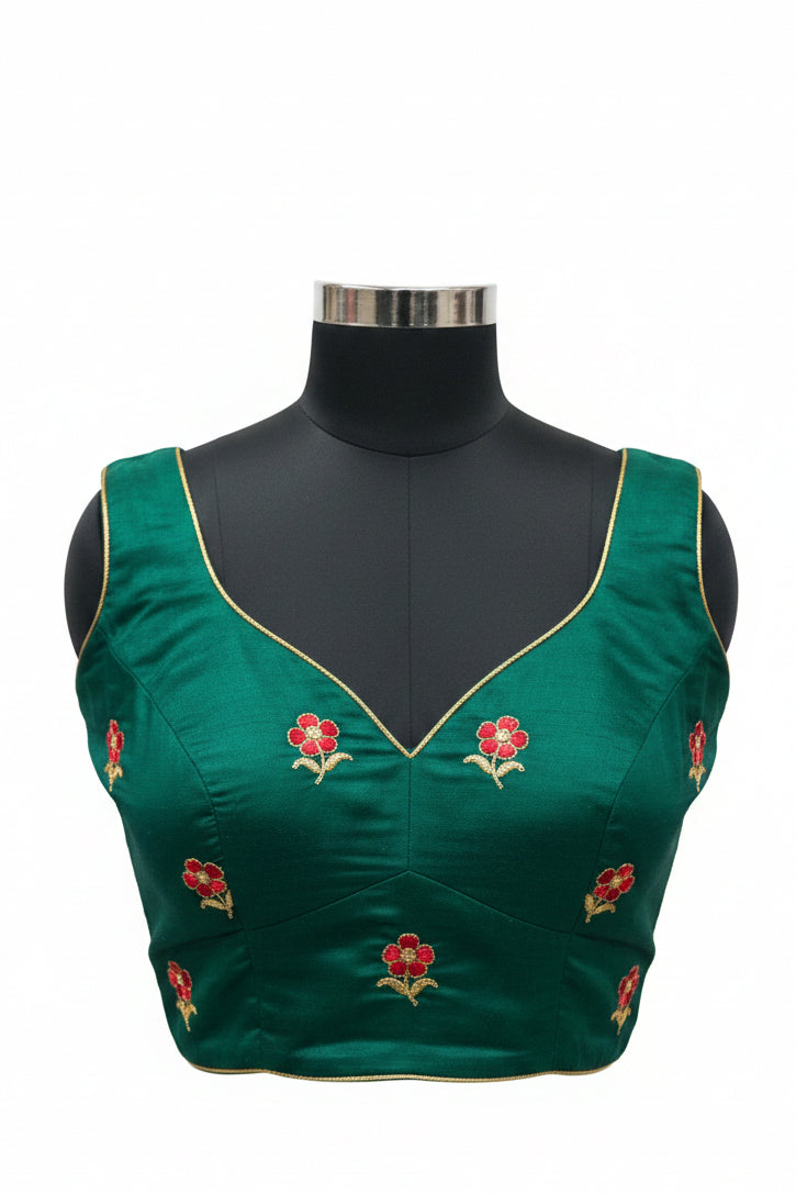 EMERALD GREEN LEHENGA WITH WHITE+ RED PEACOCK BORDER WORK