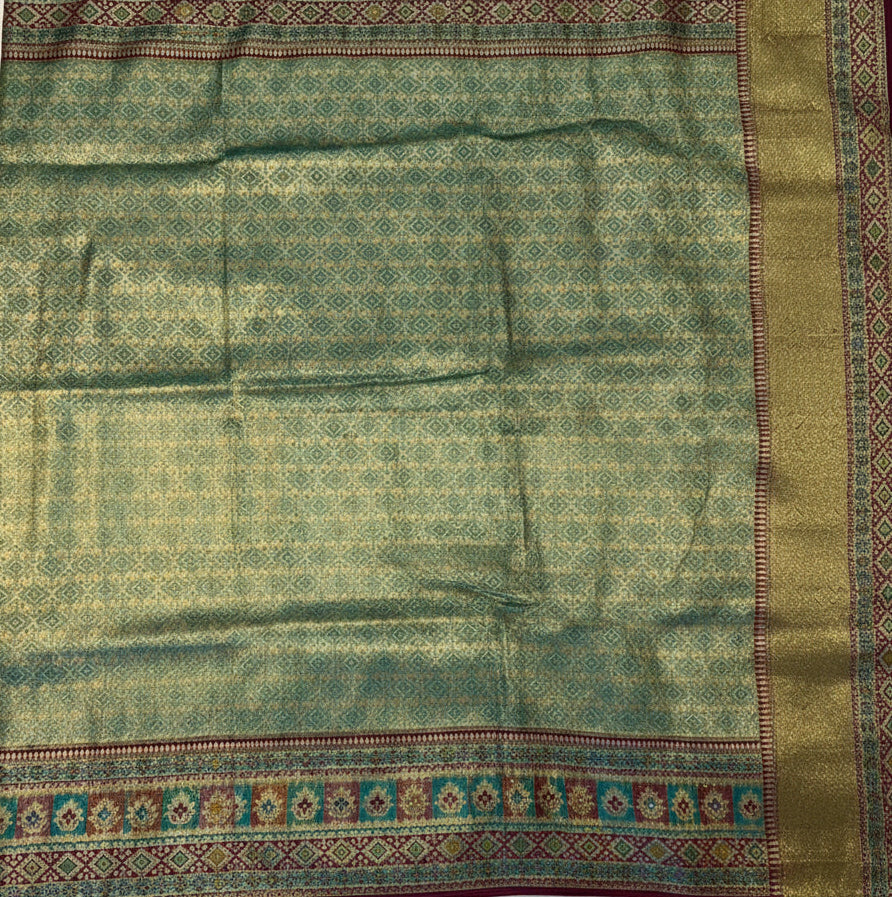 LIGHT OLIVE GREEN BANARASI SILK SAREE WITH MULTICOLOUR MEENAKARI BORDER