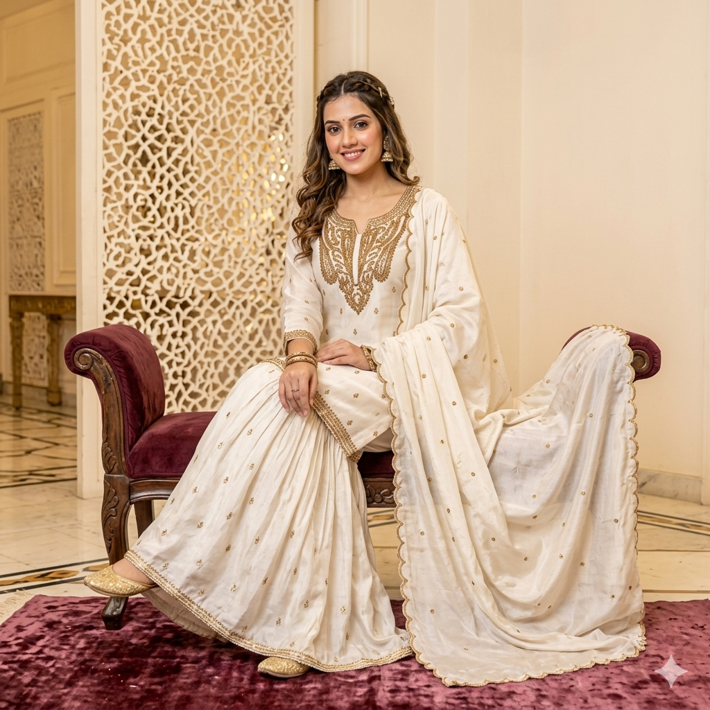 IVORY GOLD EMBROIDERED SHARARA