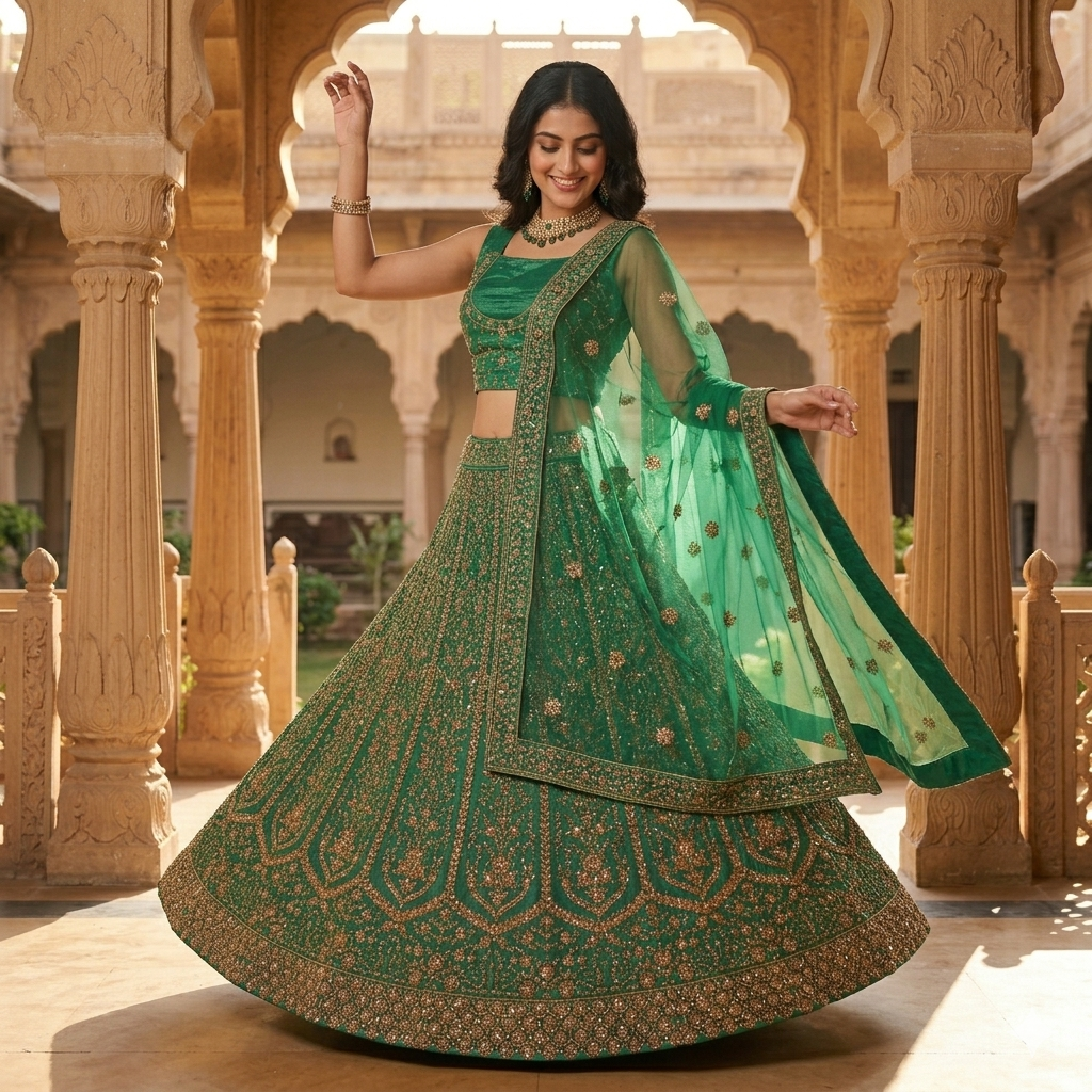 EMERALD GREEN LEHENGA WITH GOLD ZARI WORK