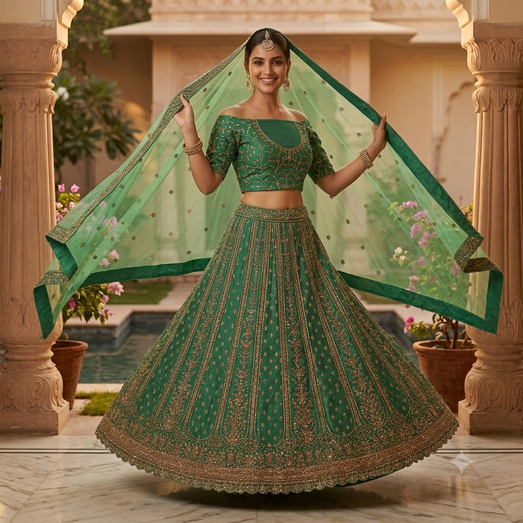 EMERALD GREEN LEHENGA WITH GOLD ZARI+THE SHEER DUPPATA
