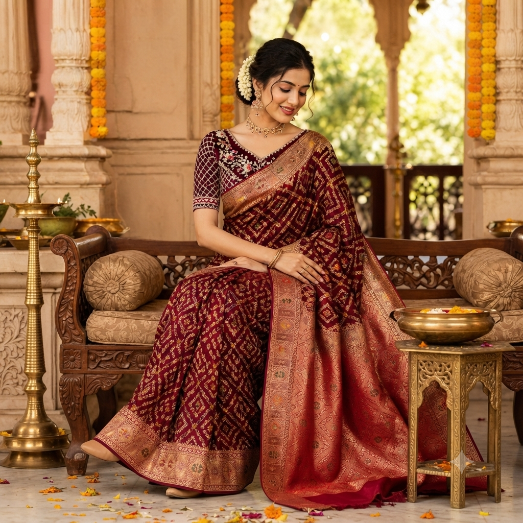 MAROON BANDHANI BANARASI SILK SAREE