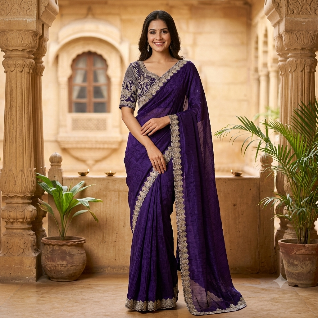 RICH VIOLET GEORGETTE SAREE WITH SILVER SCALLOP BORDER