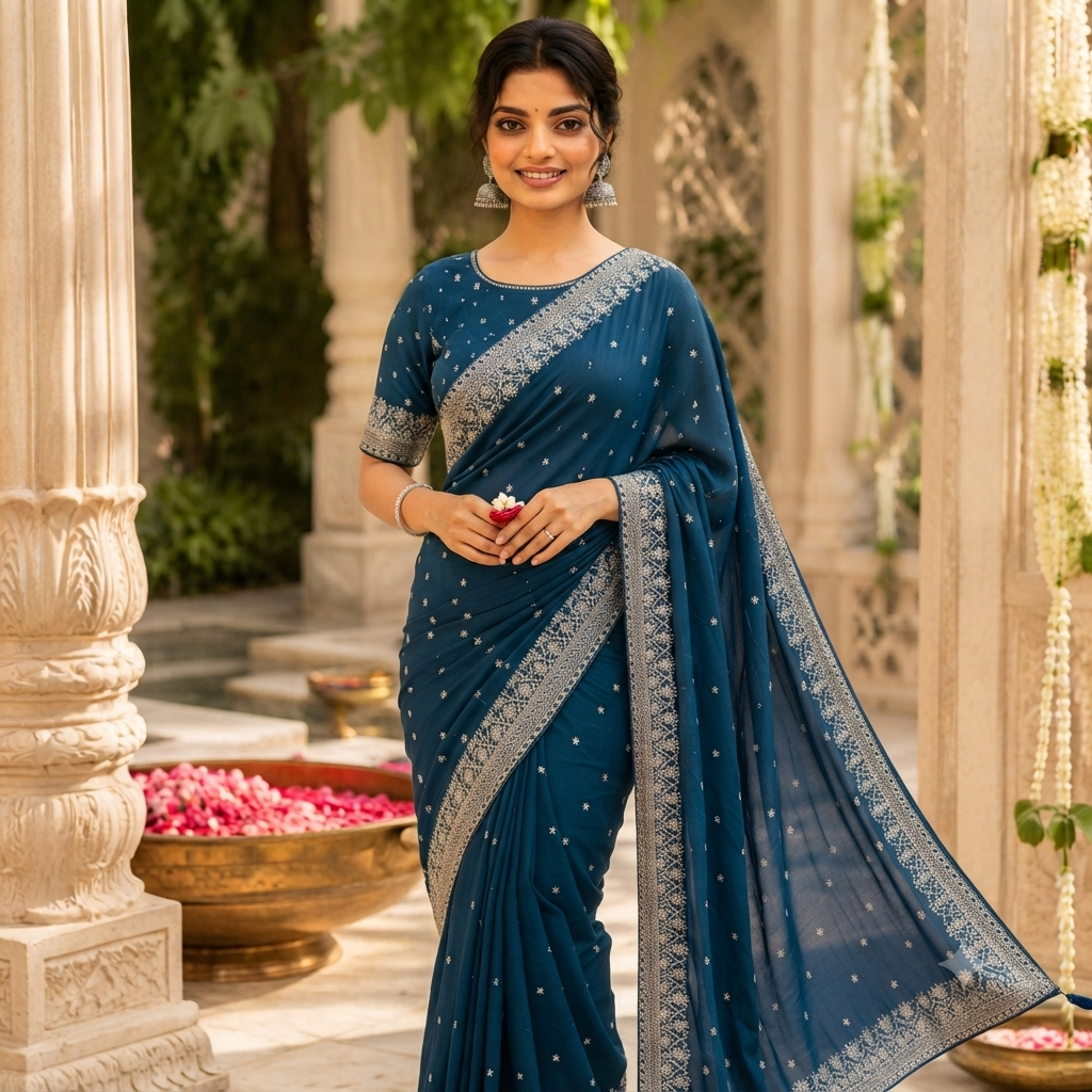 NAVY BLUE/PEACOCK BLUE GEORGETTE SAREE