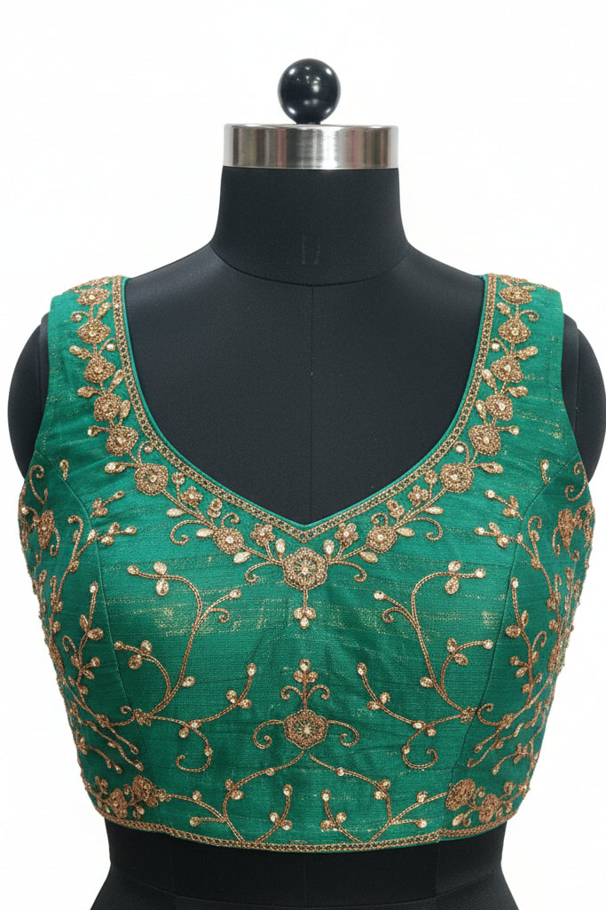 EMERALD GREEN LEHENGA WITH GOLD ZARI WORK