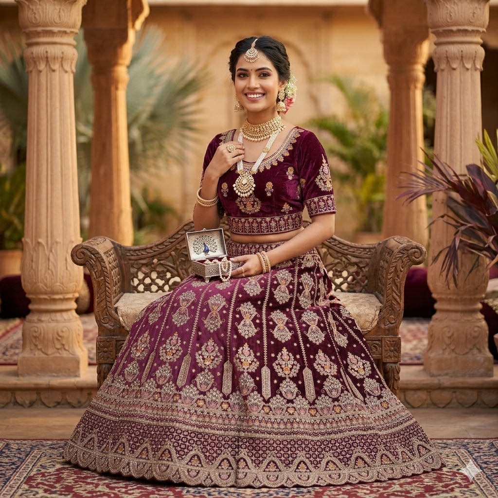 DEEP PLUM VELVET PARI LEHENGA
