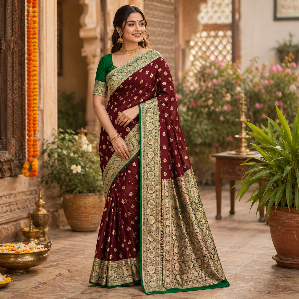 WINE-MAROON MEHENDI GREEN BANARASI SILK SAREE