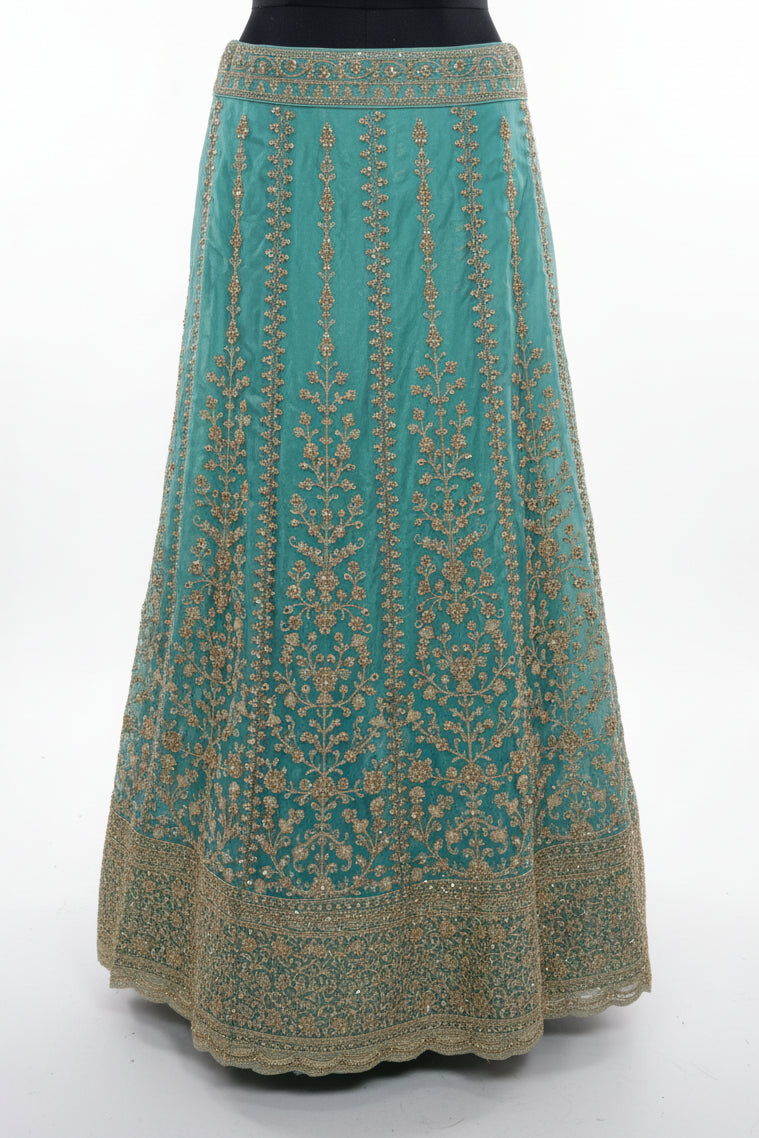 SEAFOAM GREEN LEHENGA WITH GOLD ZARI+ SCALLOPED BORDER