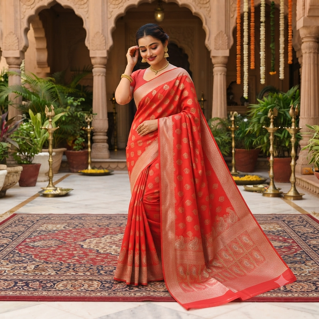 TOMATO  RED BANARASI SILK SAREE