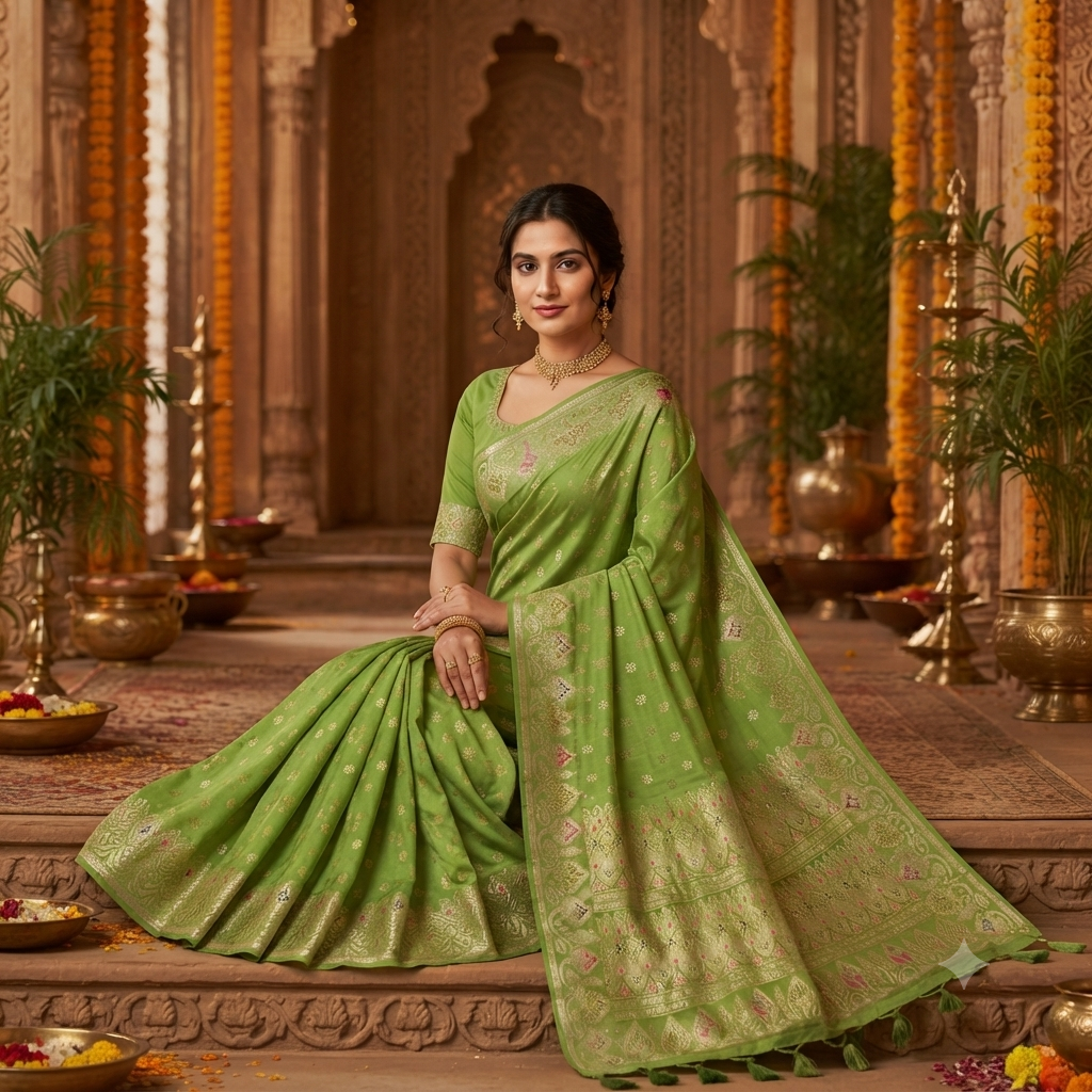 PARROT GREEN BANARASI SILK SAREE