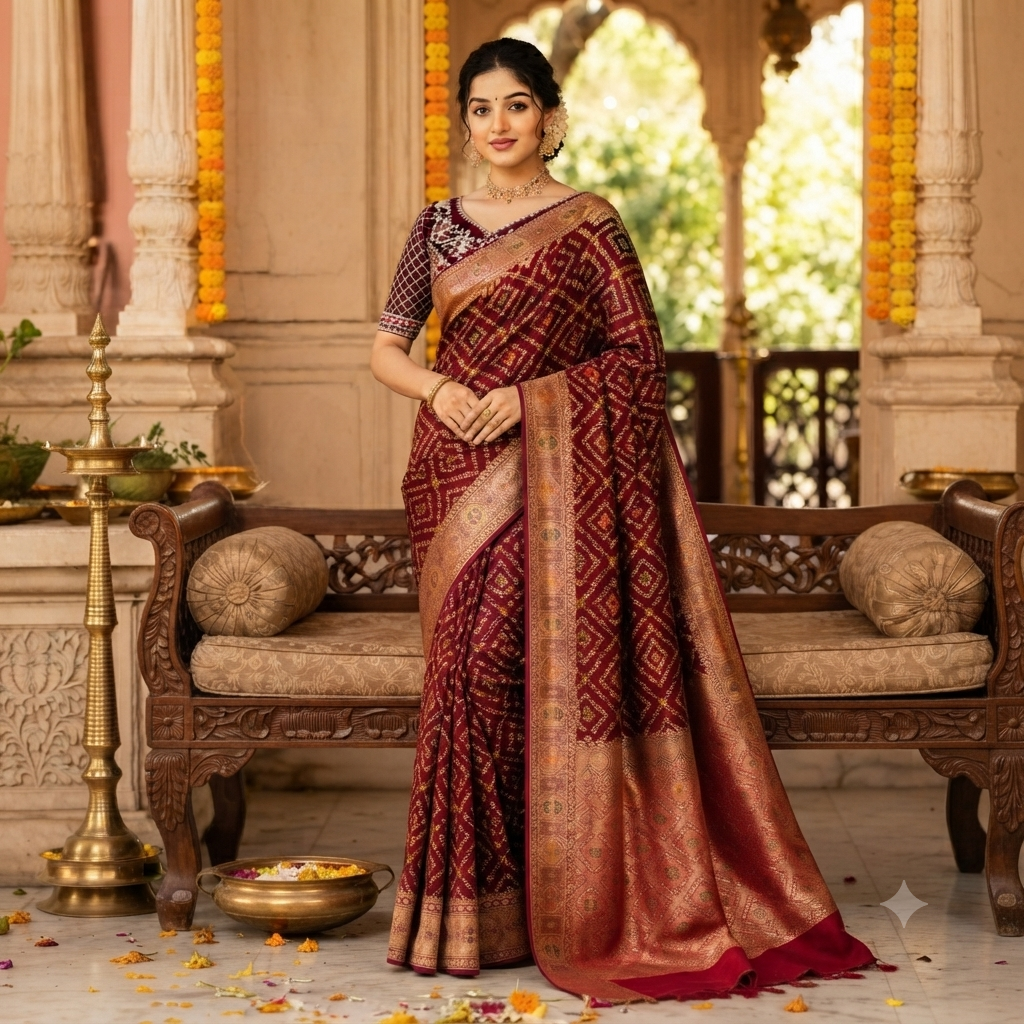 MAROON BANDHANI BANARASI SILK SAREE