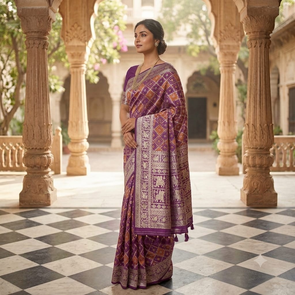 JAMUNI PURPLE BANARASI SILK SAREE WITH RUST ORANGE
