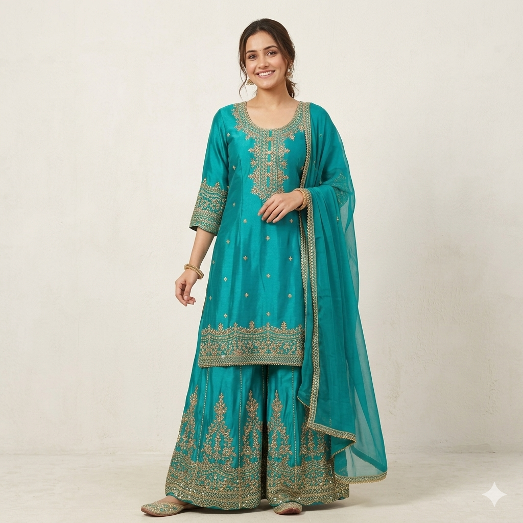 TEAL GREEN RAJWADA SHARARA