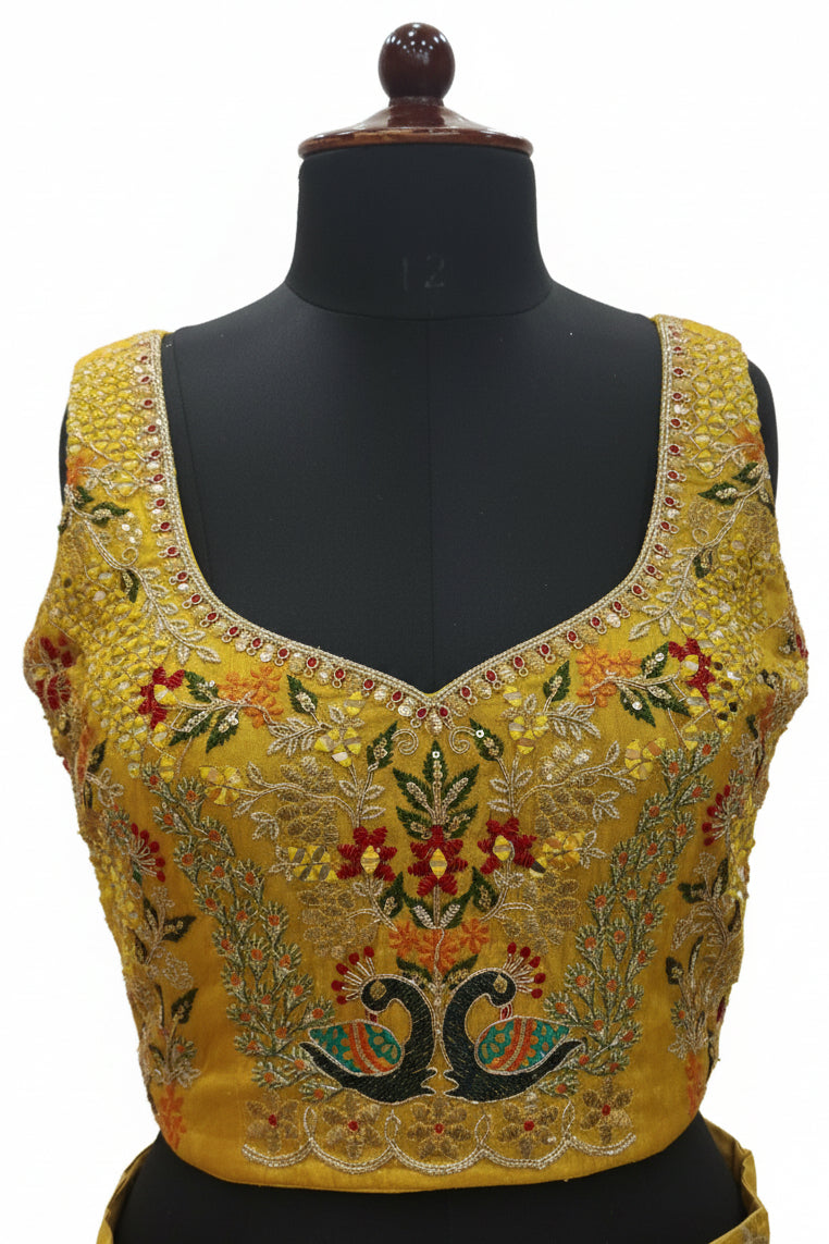 SUNSHINE YELLOW LEHENGA WITH PEACOCK+ FLORAL EMBROIDERY
