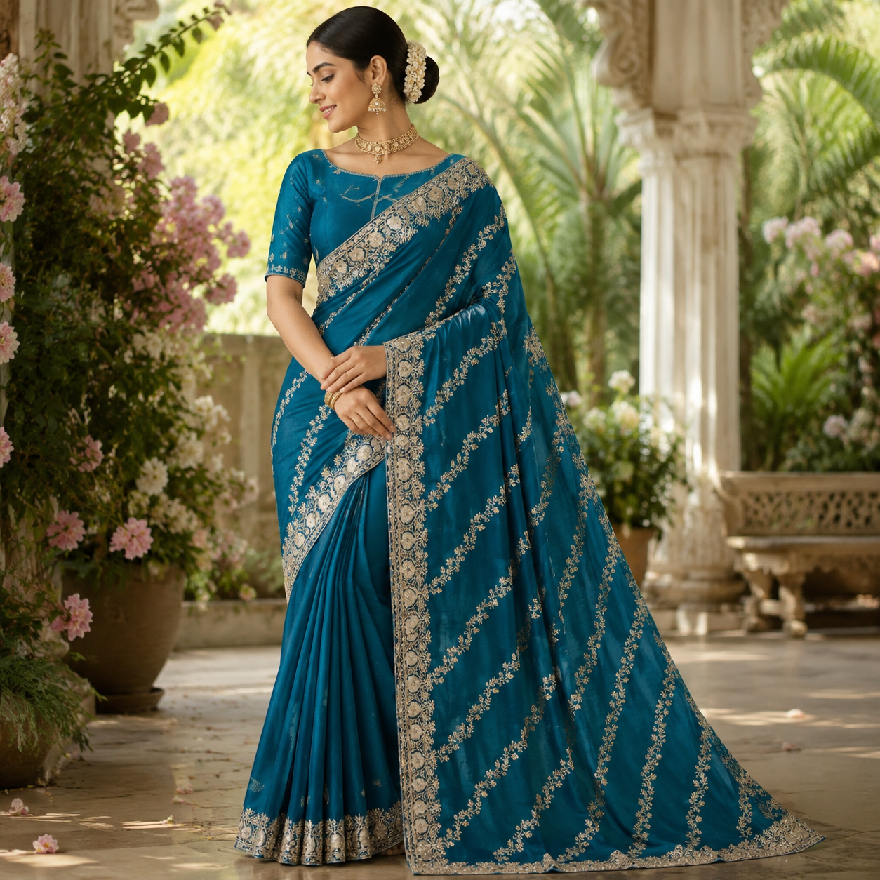 TEAL BLUE EMBROIDERED SAREE