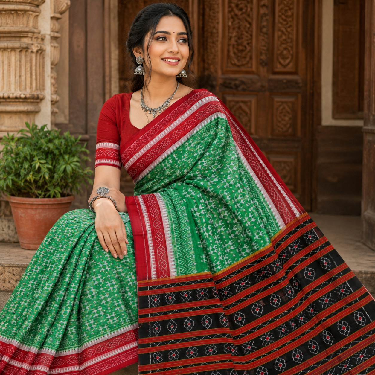PARROT GREEN SAMBALPURI HANDLOOM COTTON SAREE