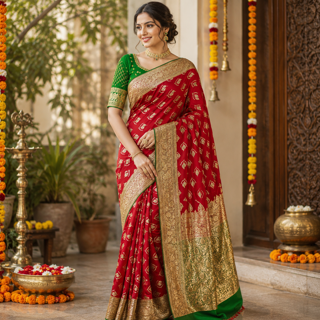 LAAL MEHENDI GREEN KANCHIPURAM SILK SAREE