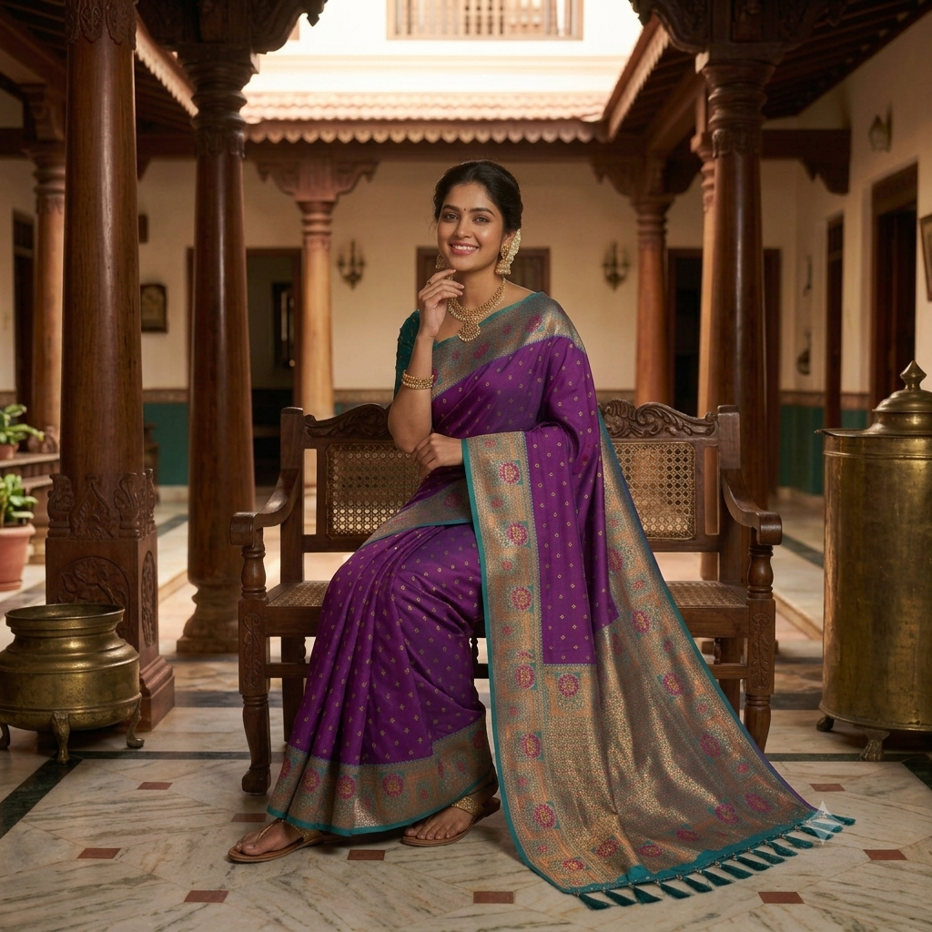 ROYAL PURPLE BANARASI SILK SAREE WITH TEAL+ GOLD ZARI BORDER
