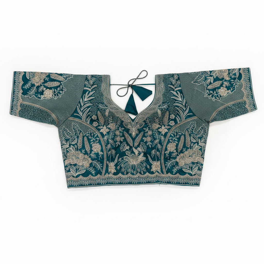 TEAL GEORGETTE SAREE WITH SILVER SCALLOP BORDER