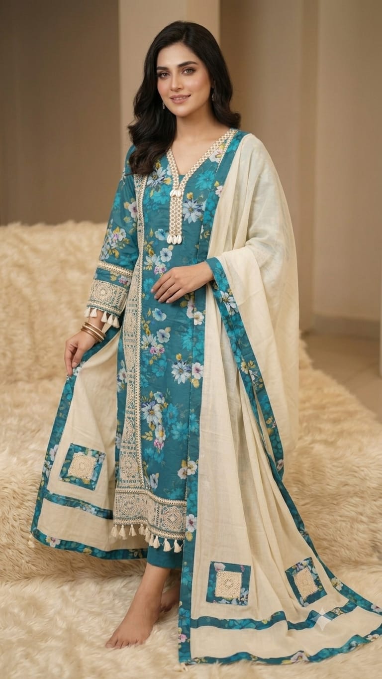 TEAL BLUE WITH CREAM DUPATTA EMBROIDERED DRESS MATERIAL