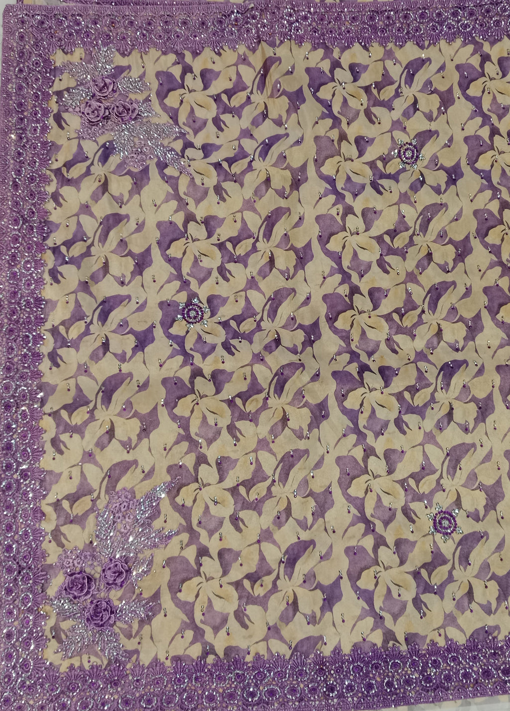 LAVENDER+BEIGE FLORAL PRINT ORGANZA/SATIN SAREE