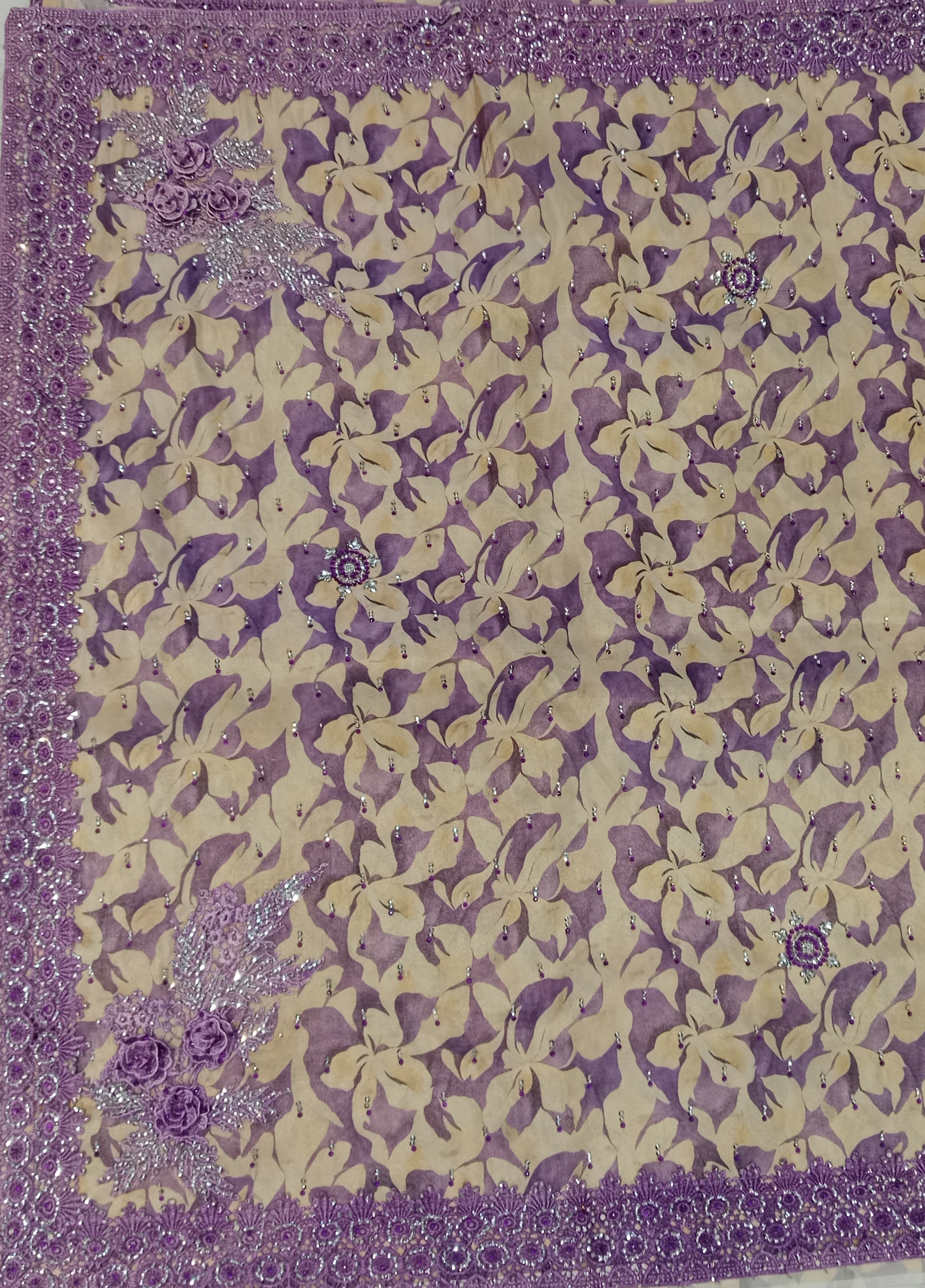 LAVENDER+BEIGE FLORAL PRINT ORGANZA/SATIN SAREE