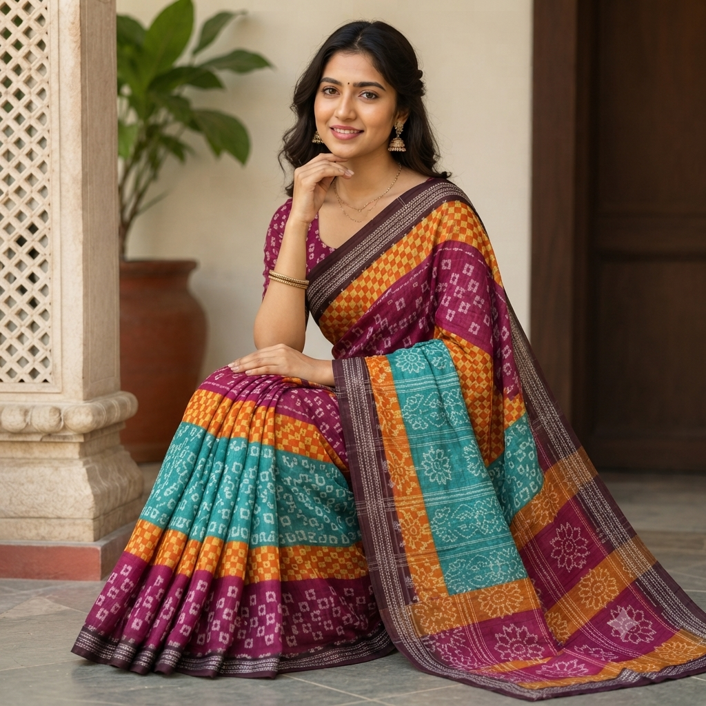 MAGENTA, MUSTARD YELLOW AND TURQUOISE BANDHANI PRINT SAMBALPURI HANDLOOM COTTON SAREE
