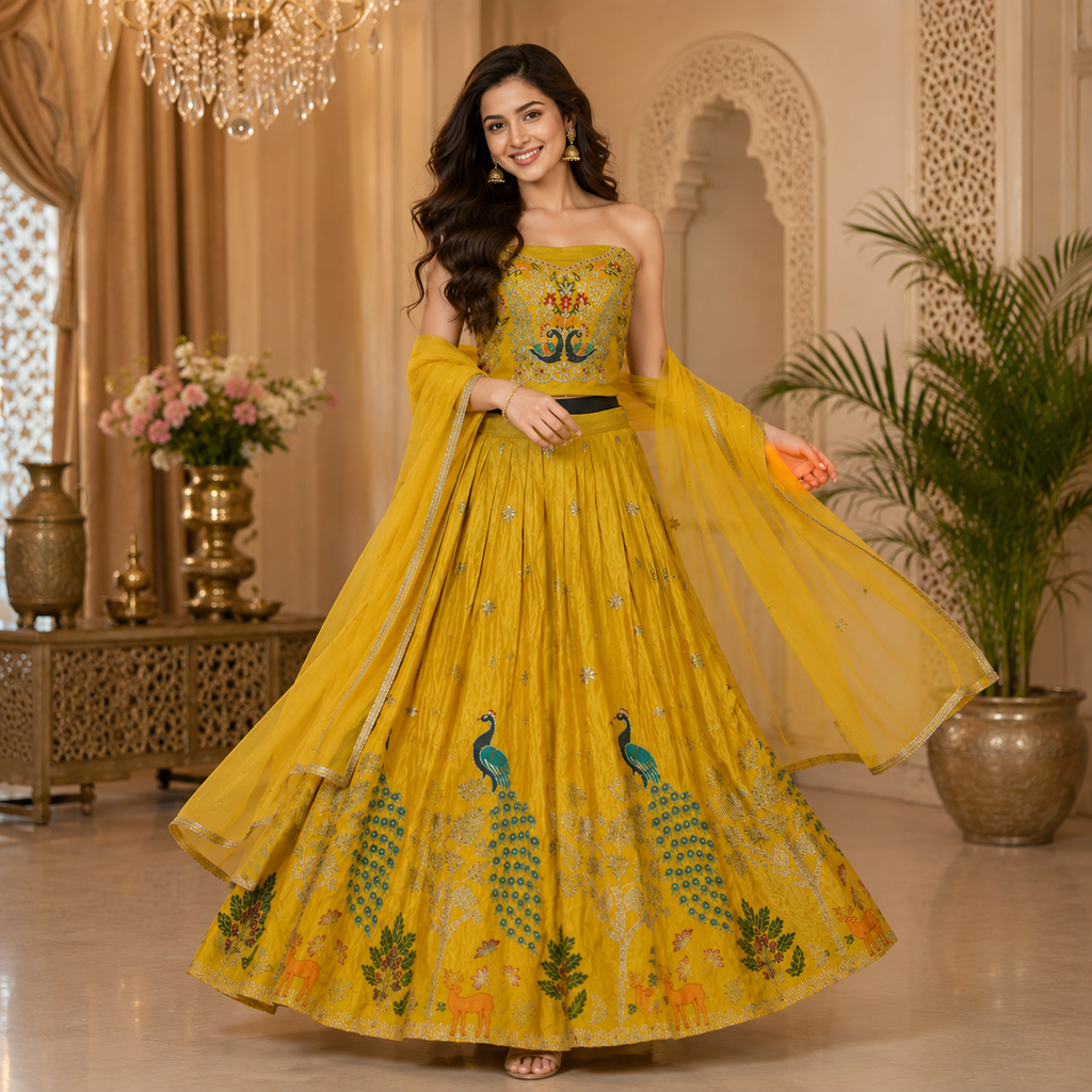SUNSHINE YELLOW LEHENGA WITH PEACOCK+ FLORAL EMBROIDERY