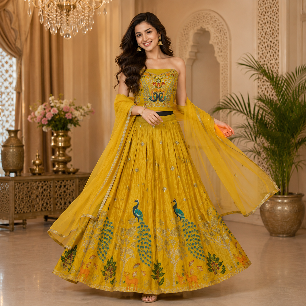 SUNSHINE YELLOW LEHENGA WITH PEACOCK+ FLORAL EMBROIDERY