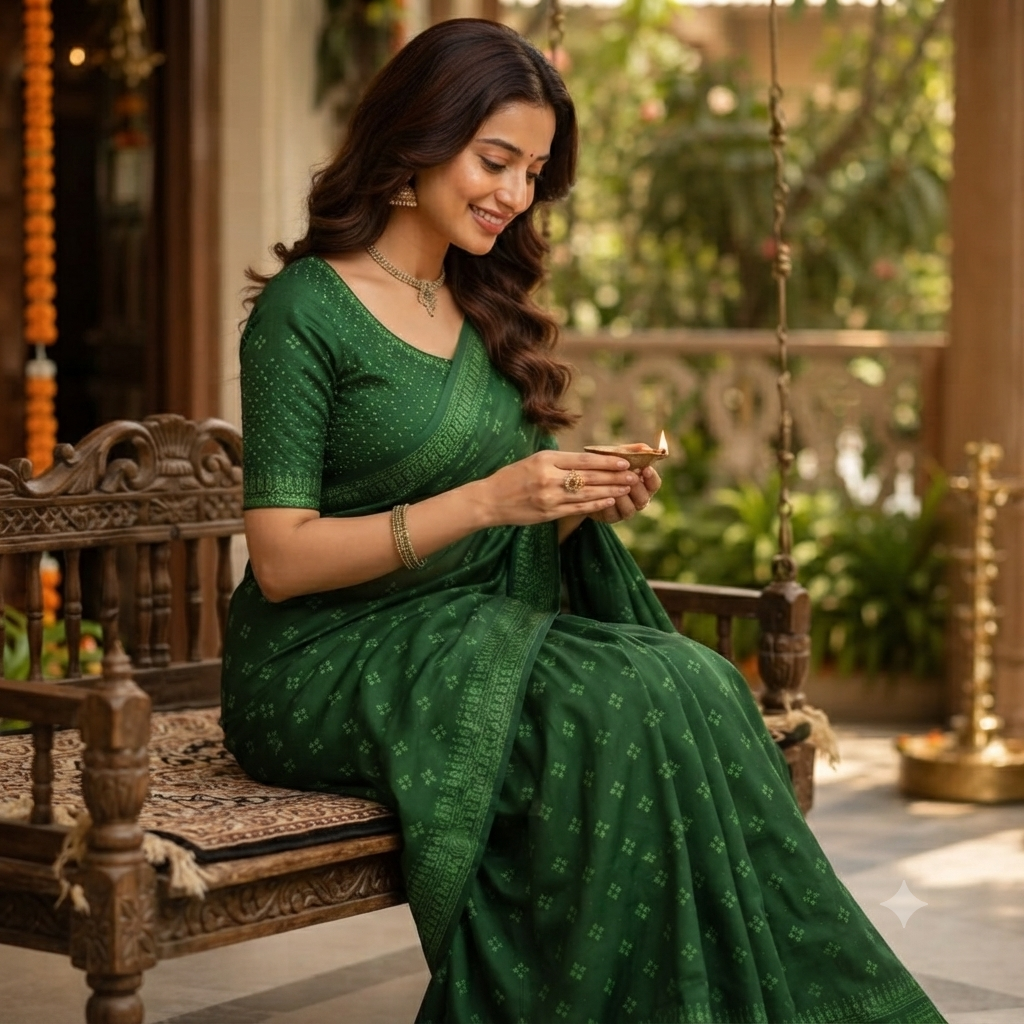 BOTTLE GREEN COTTON SAREE