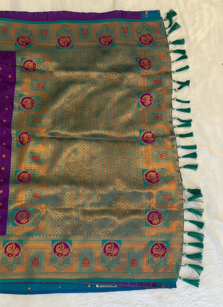 ROYAL PURPLE BANARASI SILK SAREE WITH TEAL+ GOLD ZARI BORDER