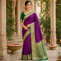 BAINGANI PURPLE EMERALD GREEN KANCHIPURAM SILK SAREE