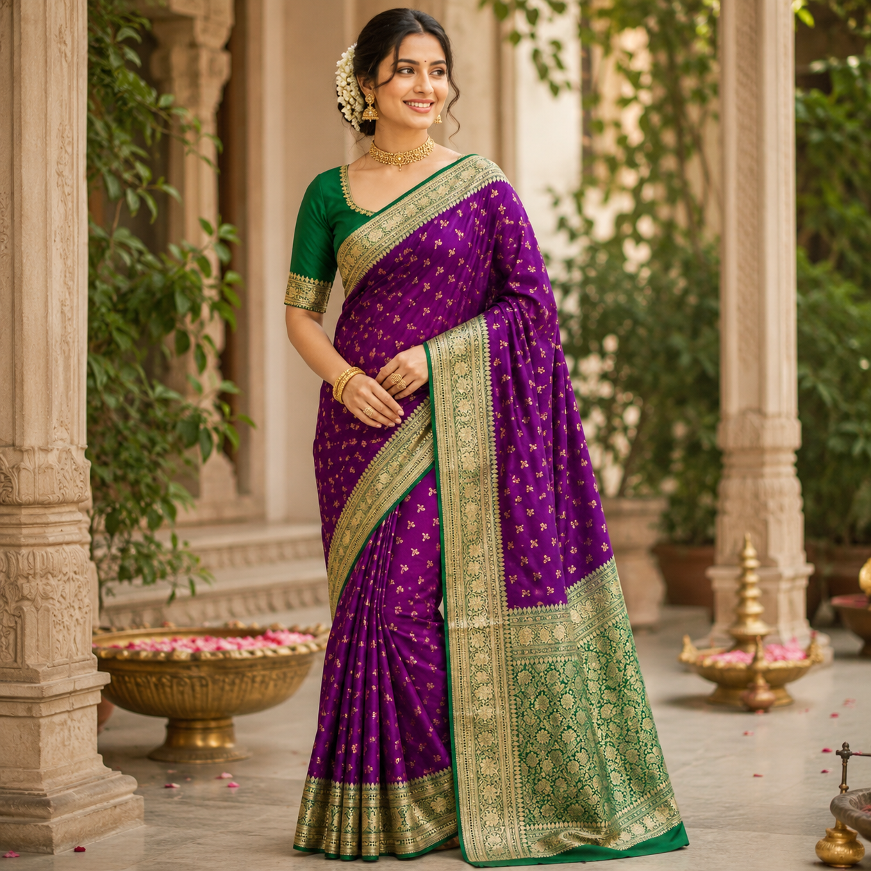 BAINGANI PURPLE EMERALD GREEN KANCHIPURAM SILK SAREE