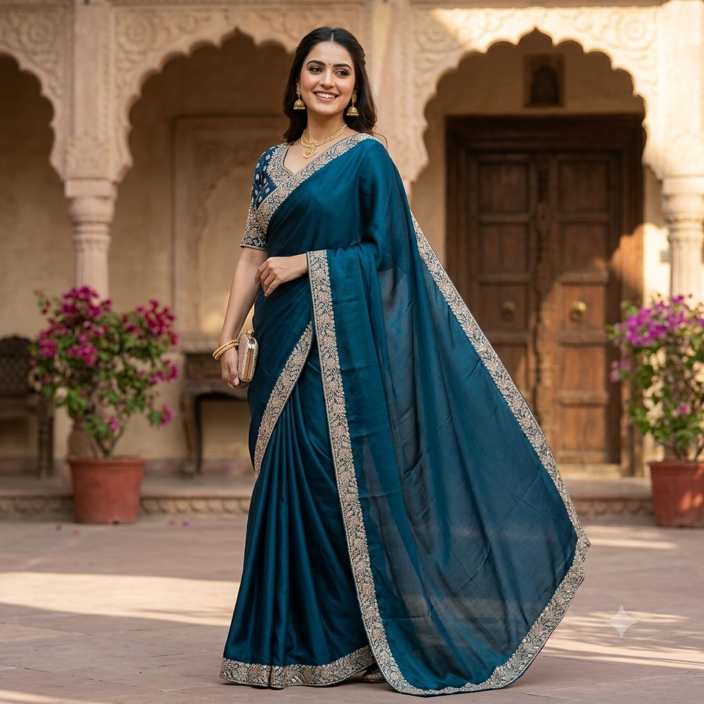 TEAL BLUE SATIN SAREE WITH HEAVY SILVER ZARI BORDER