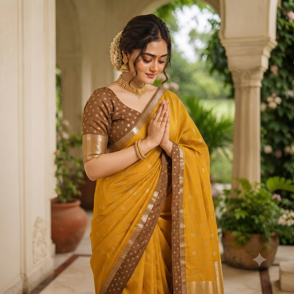 MUSTARD YELLOW BANARASI SILK SAREE WITH CHOCOLATE BROWN CONTRAST BORDER