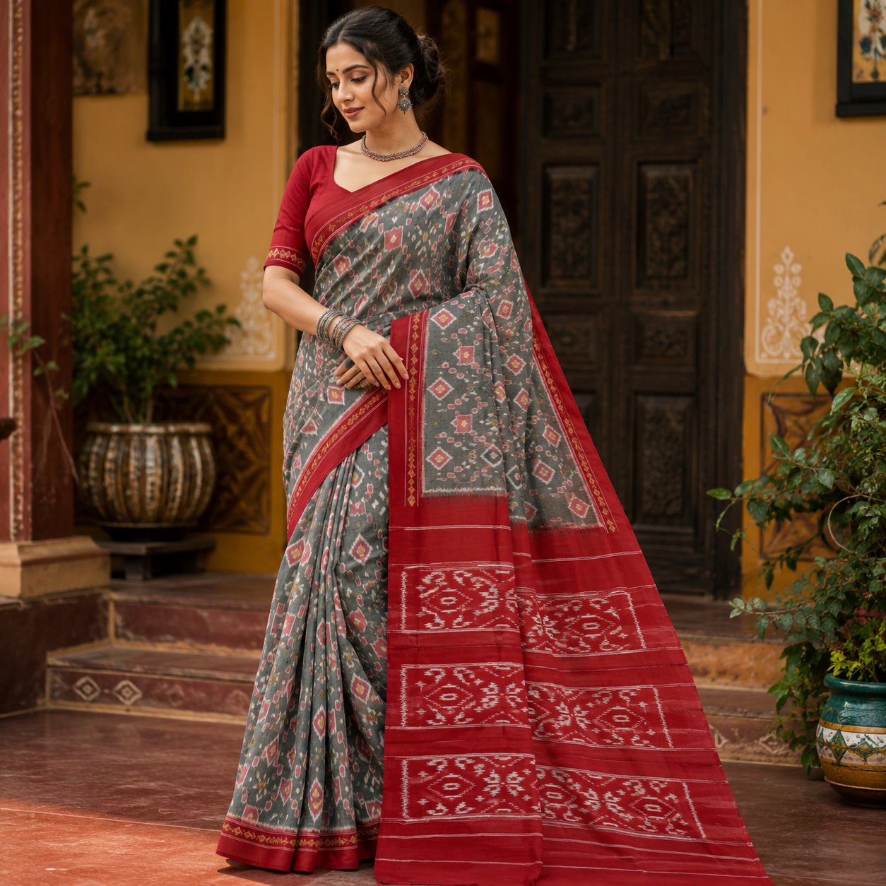 GREY SAMBALPURI HANDLOOM COTTON SAREE