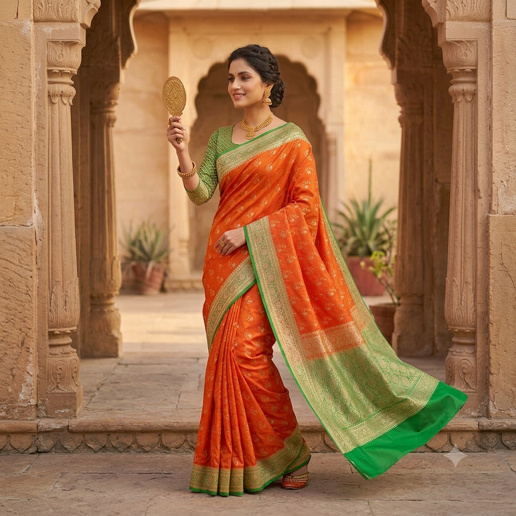 VIBRANT BURNT ORANGE BANARASI SILK SAREE