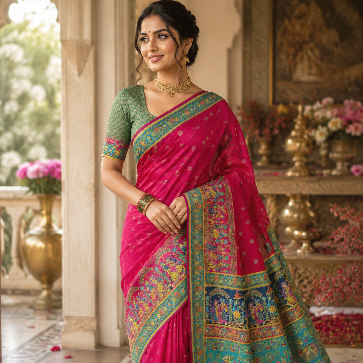 HOT PINK  TURQUOISE BANARASI SILK SAREE