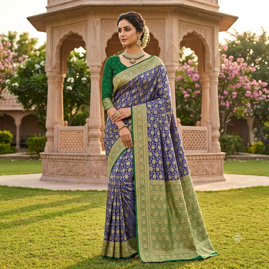 ROYAL BLUE BANARASI SILK SAREE WITH CONTRAST EMERALD GREEN